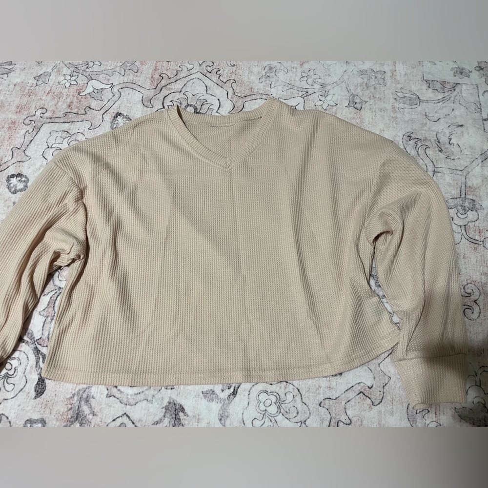 Beige V-Neck Waffle Knit Sweater